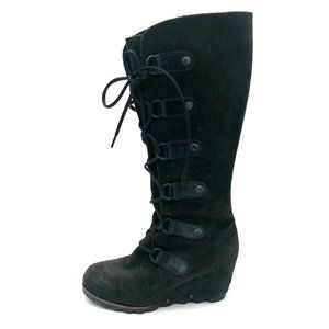 SOREL Womens Joan Of Arctic Wedge Suede Black Grey Knee High Laced Boots Sz 7.5
